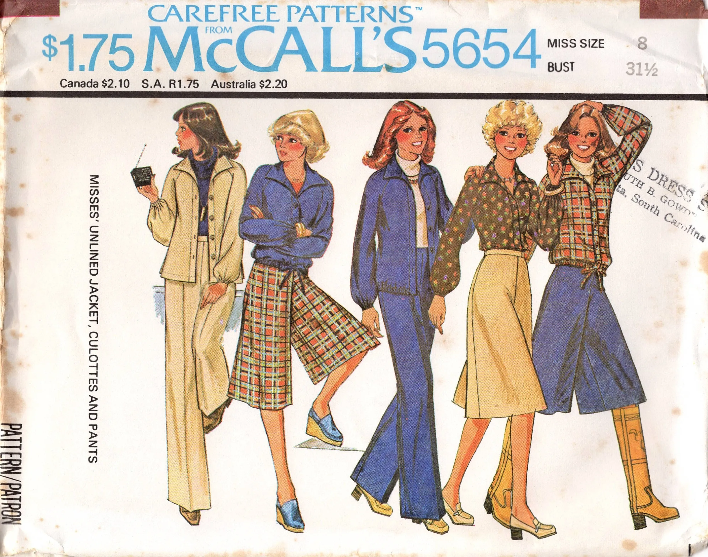 1970's McCall's Unlined Jacket, Culotte or Pants pattern - Bust 31.5-34" - No. 5654