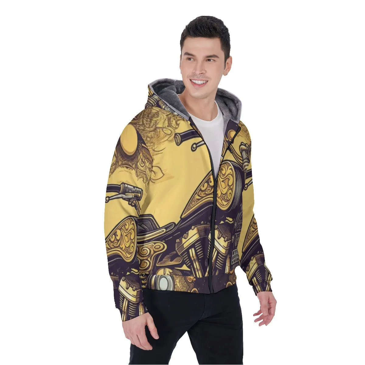 All-Over Print Men's Sherpa Fleece Zip Up Hoodie, yellow and black, motorcycle print, #25G