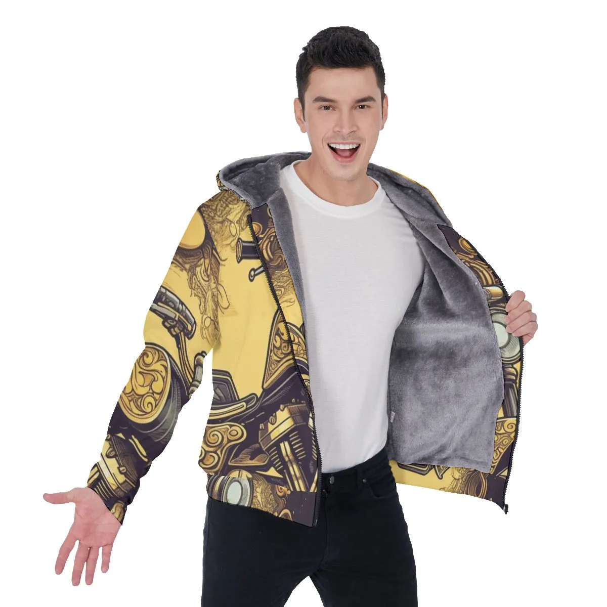 All-Over Print Men's Sherpa Fleece Zip Up Hoodie, yellow and black, motorcycle print, #25G