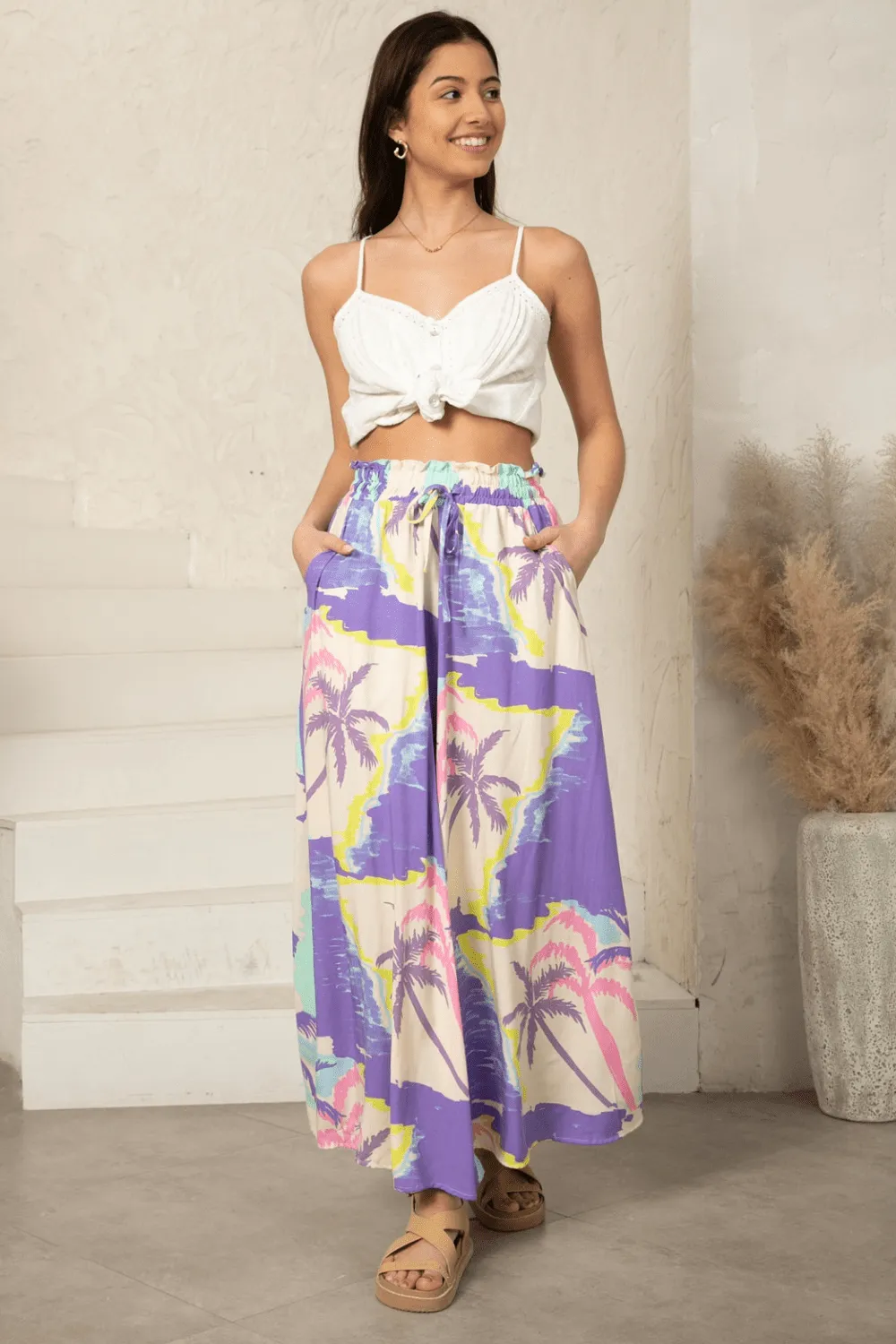 Aria Wide Leg Pants - Purple Palms