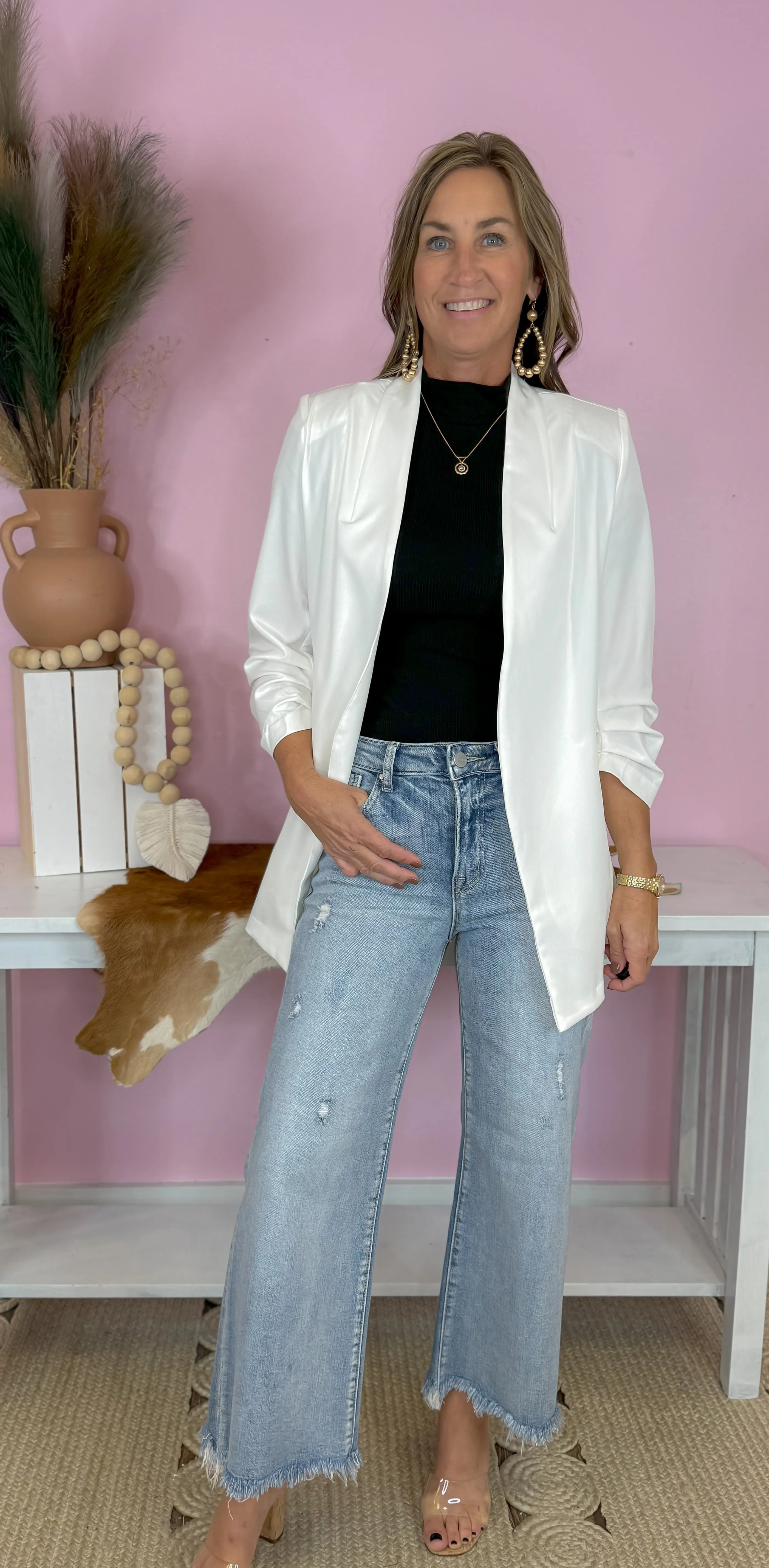 Back To Atlanta White 3/4 Sleeve Collarless Longline Blazer