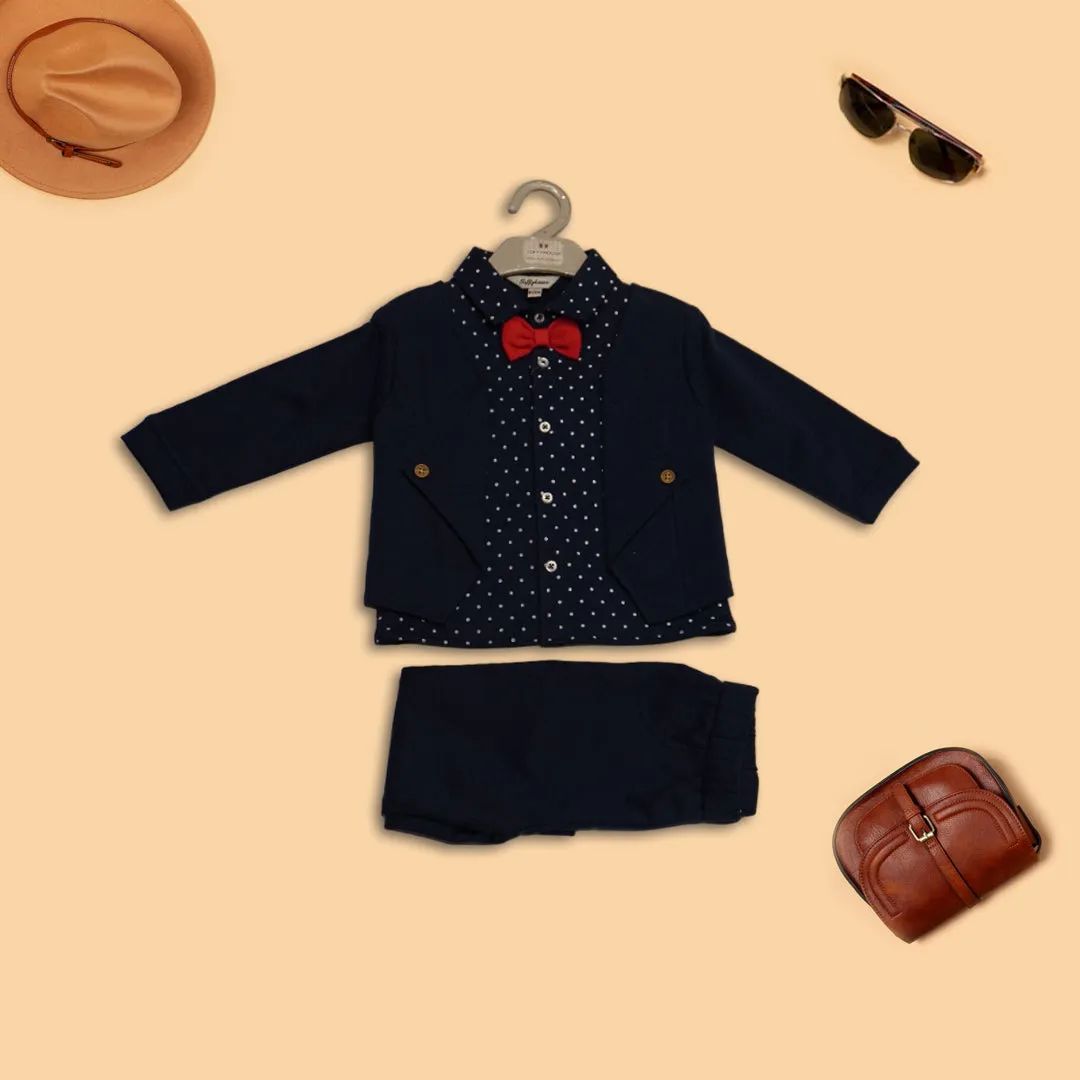 Boys Printed Cotton Long Sleeve Shirt,Trouser & Blazer (Navy Blue)