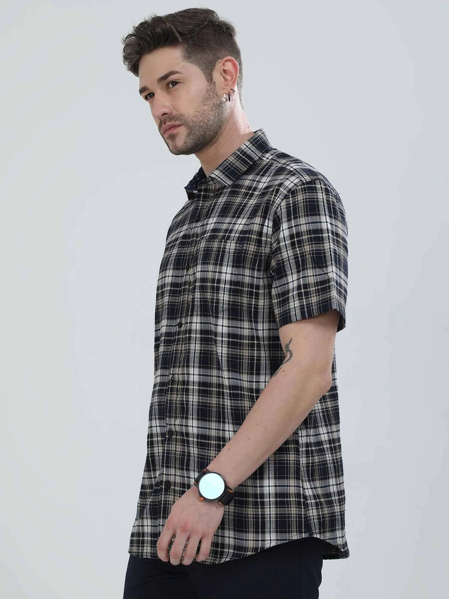 Brown on White Checkered Cotton Half Shirt