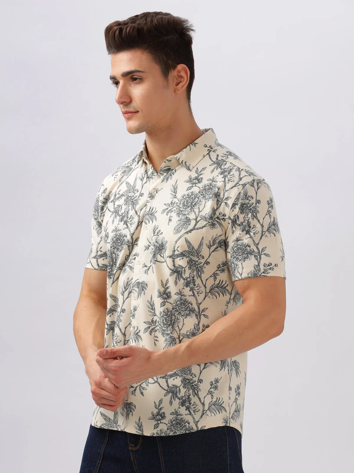 BULLMER Cream Trendy Regular Fit Printed Causal Half sleeve Shirt For Men