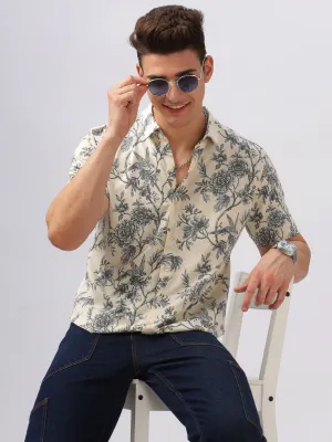 BULLMER Cream Trendy Regular Fit Printed Causal Half sleeve Shirt For Men