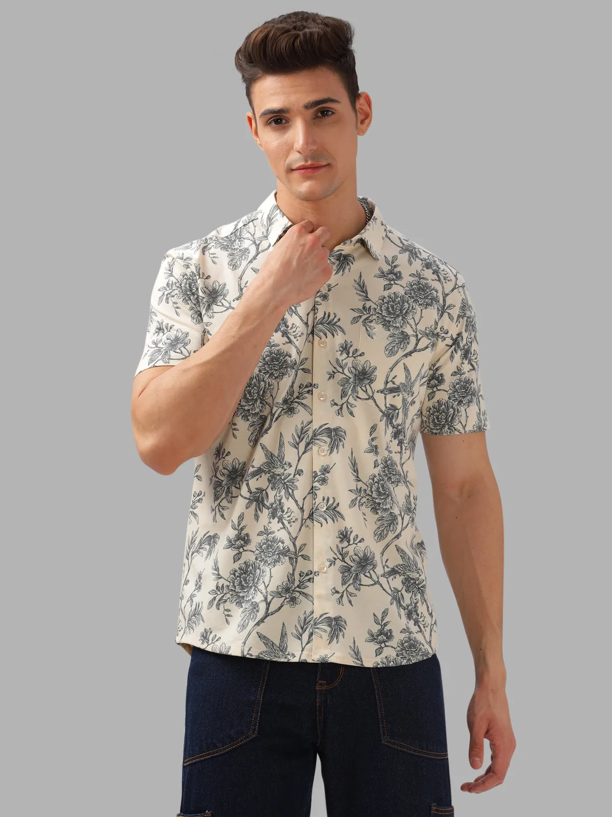 BULLMER Cream Trendy Regular Fit Printed Causal Half sleeve Shirt For Men