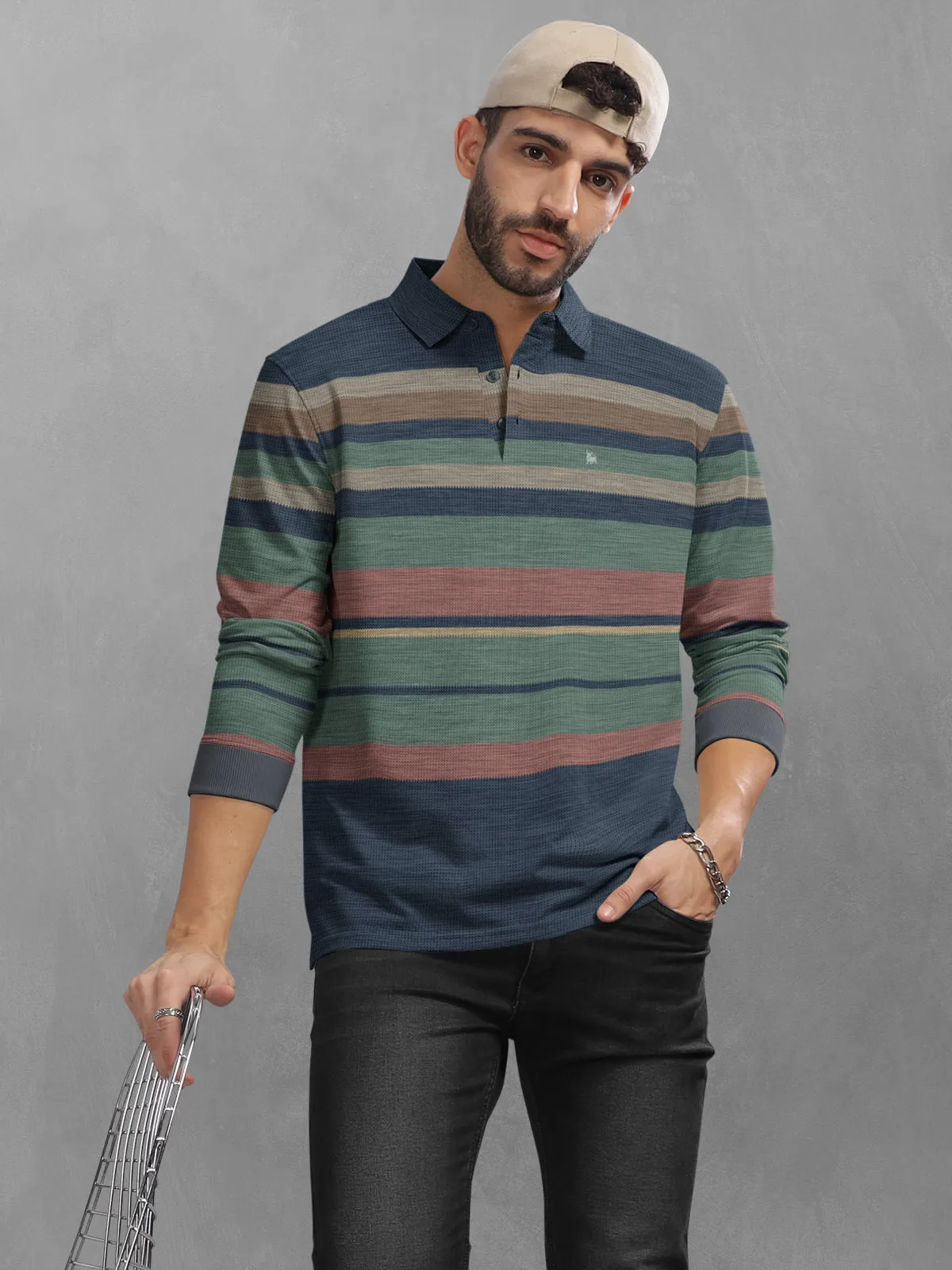 BULLMER Green Striped Textured Printed Polo Neck FullSleeve T-shirt With Rib For Men