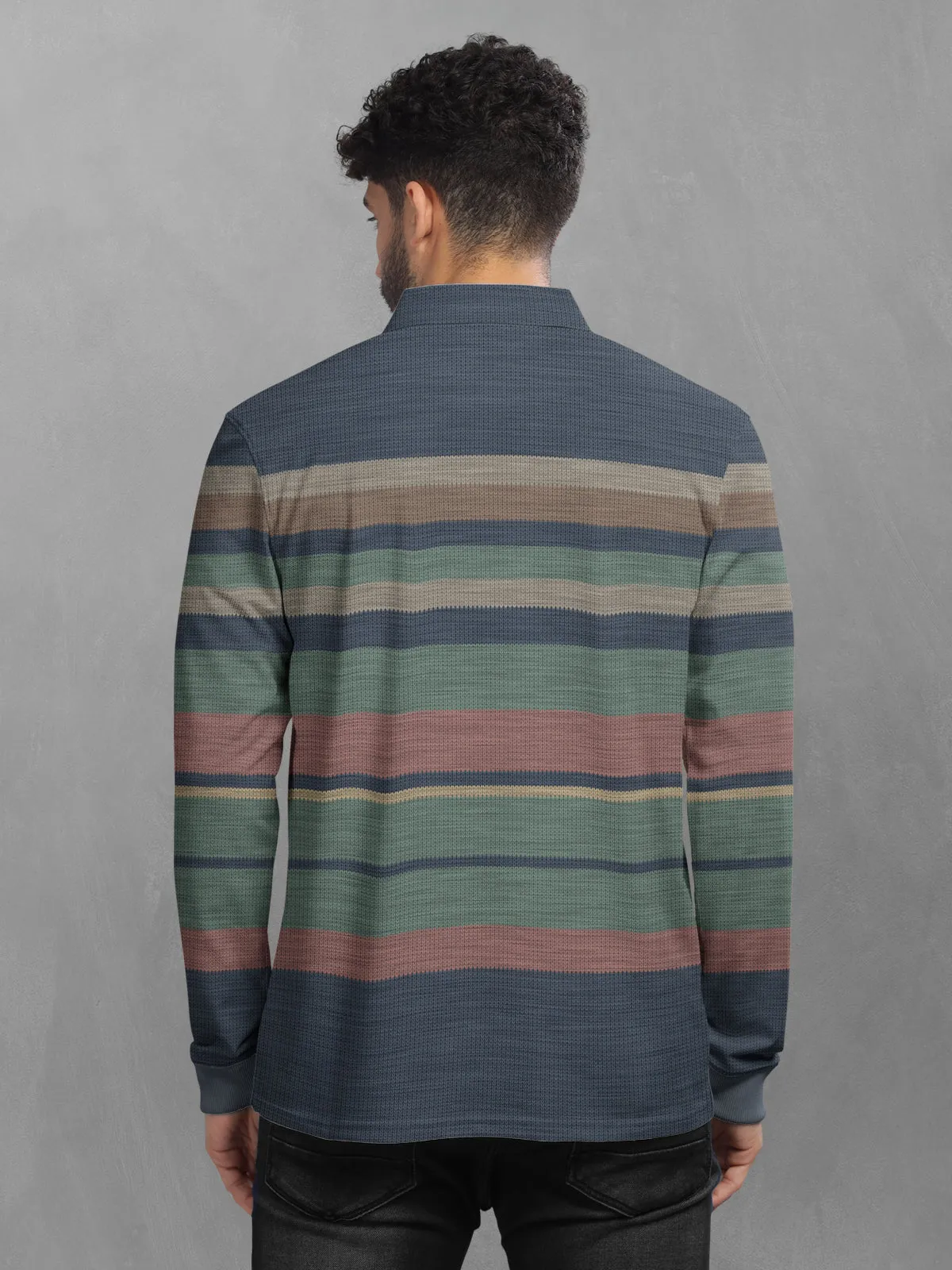 BULLMER Green Striped Textured Printed Polo Neck FullSleeve T-shirt With Rib For Men