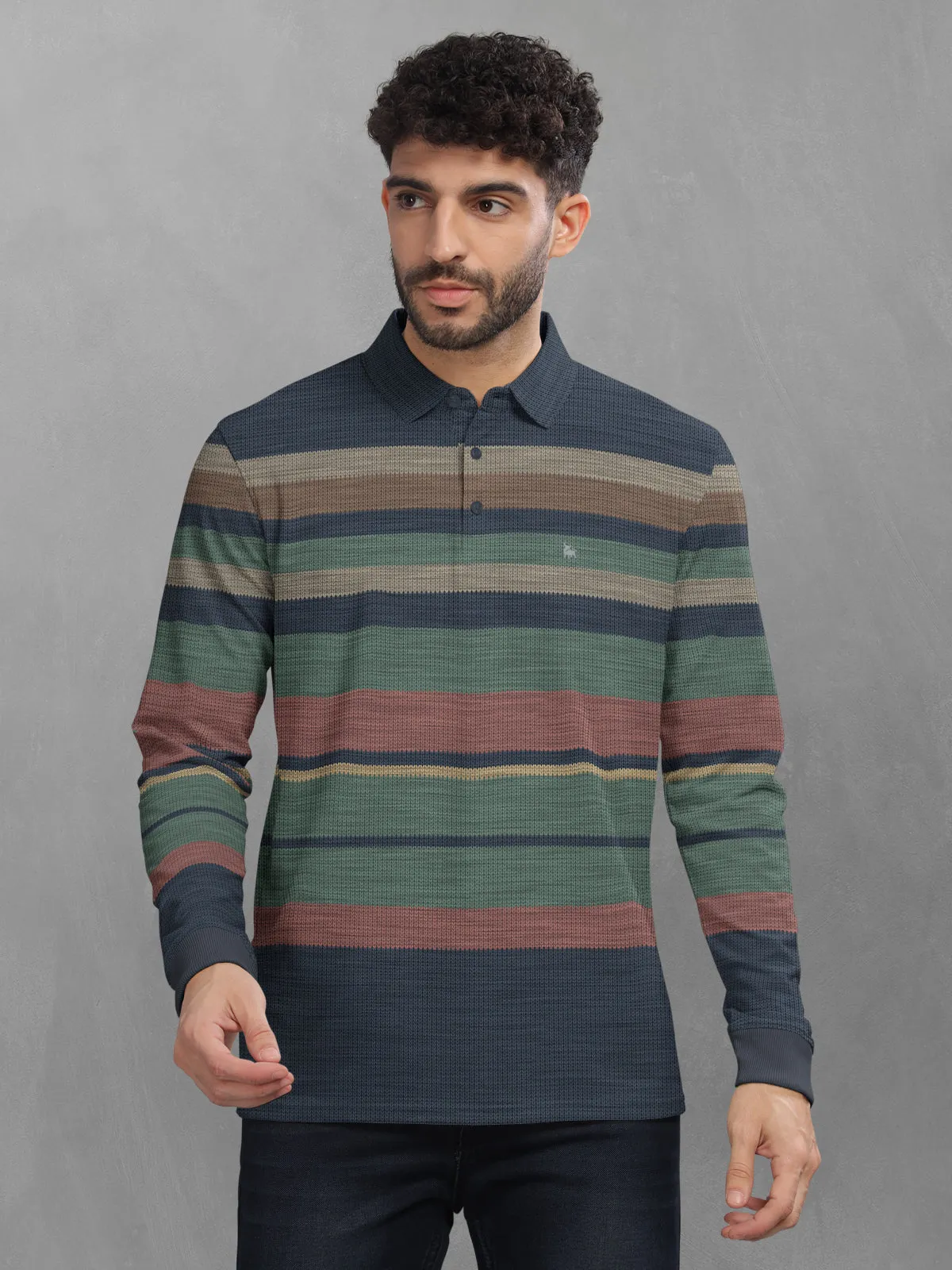 BULLMER Green Striped Textured Printed Polo Neck FullSleeve T-shirt With Rib For Men