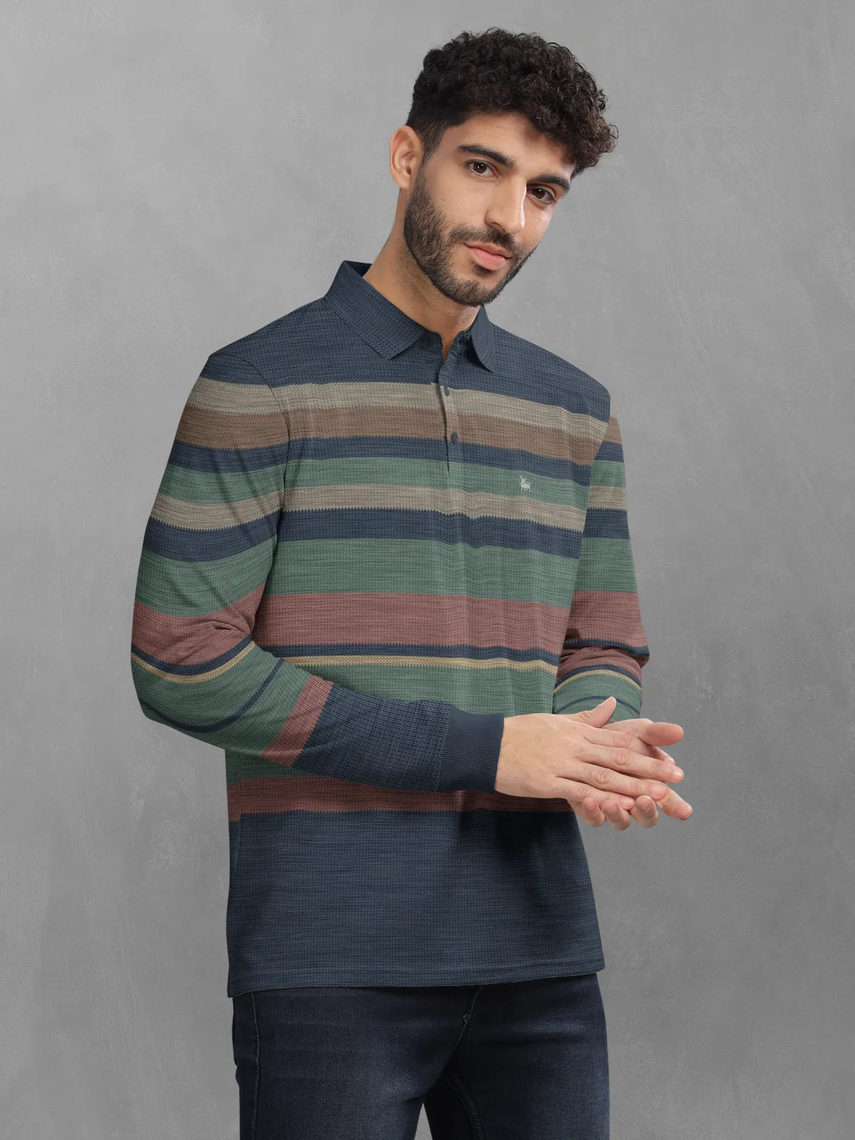 BULLMER Green Striped Textured Printed Polo Neck FullSleeve T-shirt With Rib For Men