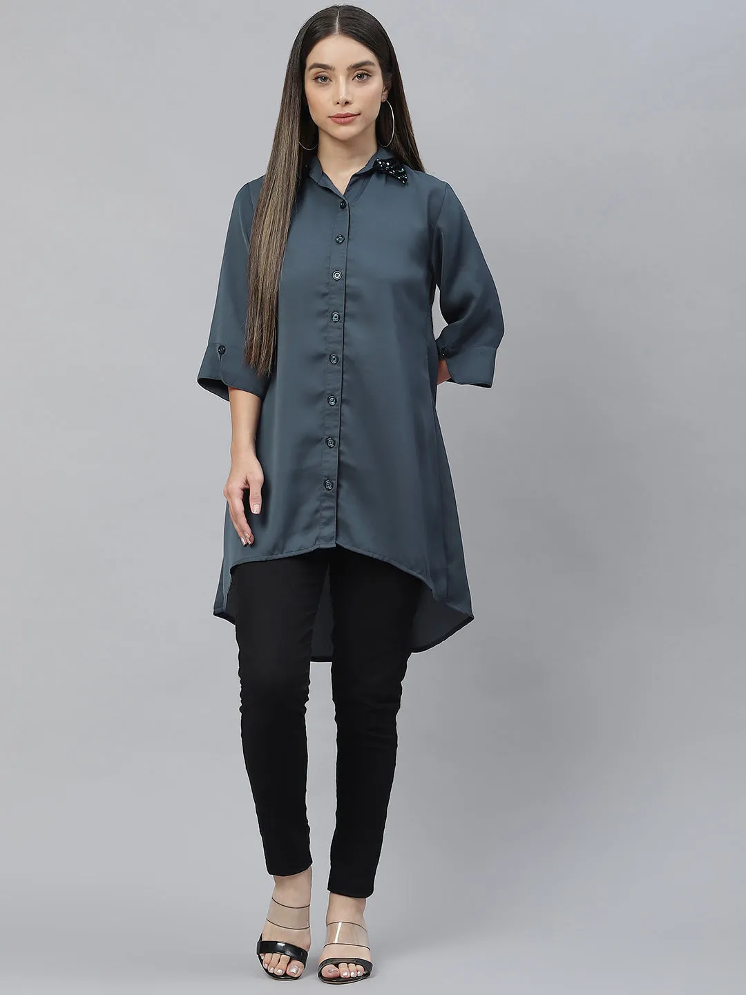 Cottinfab Charcoal Grey Shirt Style Longline Top