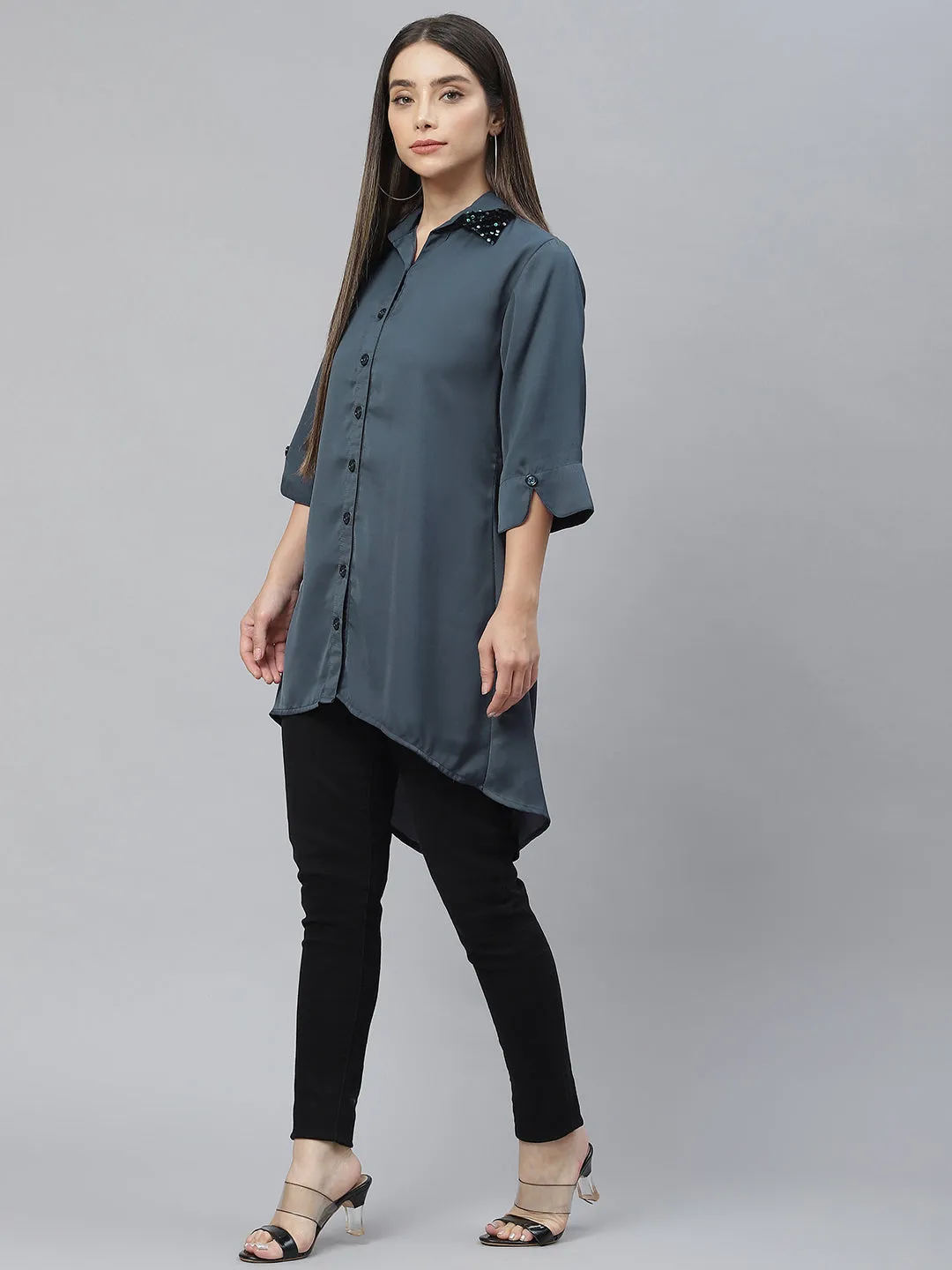 Cottinfab Charcoal Grey Shirt Style Longline Top