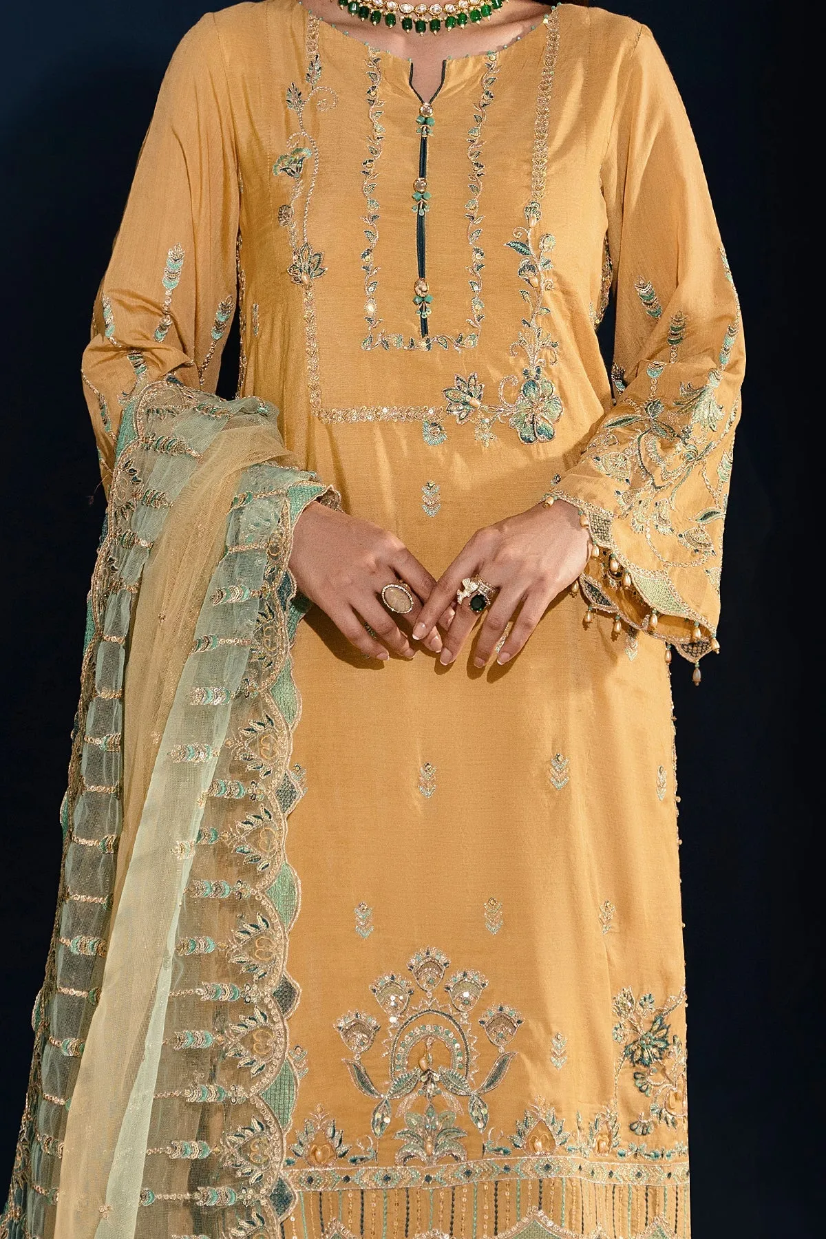 Dusty Yellow Heavily Embellished Pakistani Salwar Kameez Dupatta