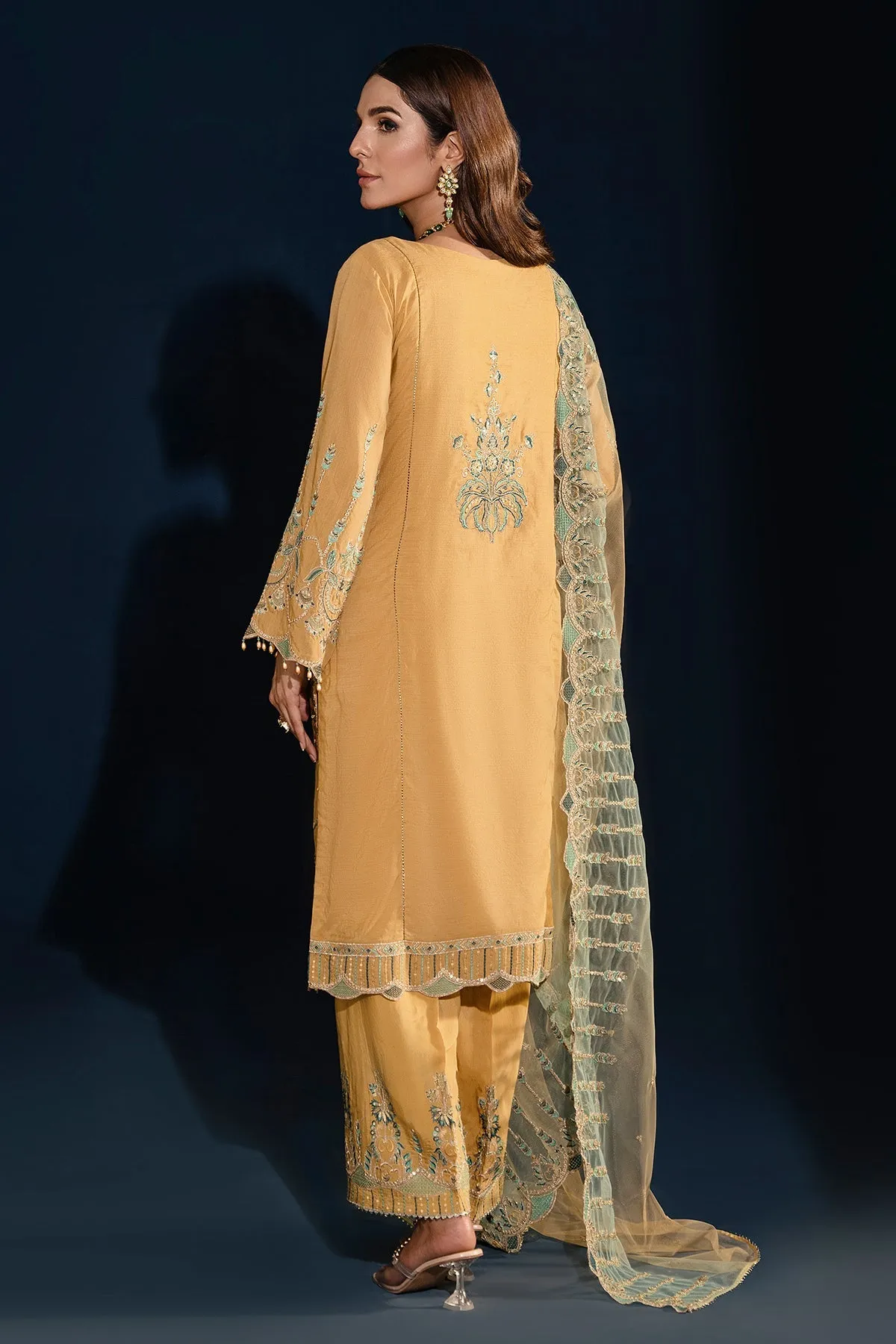 Dusty Yellow Heavily Embellished Pakistani Salwar Kameez Dupatta