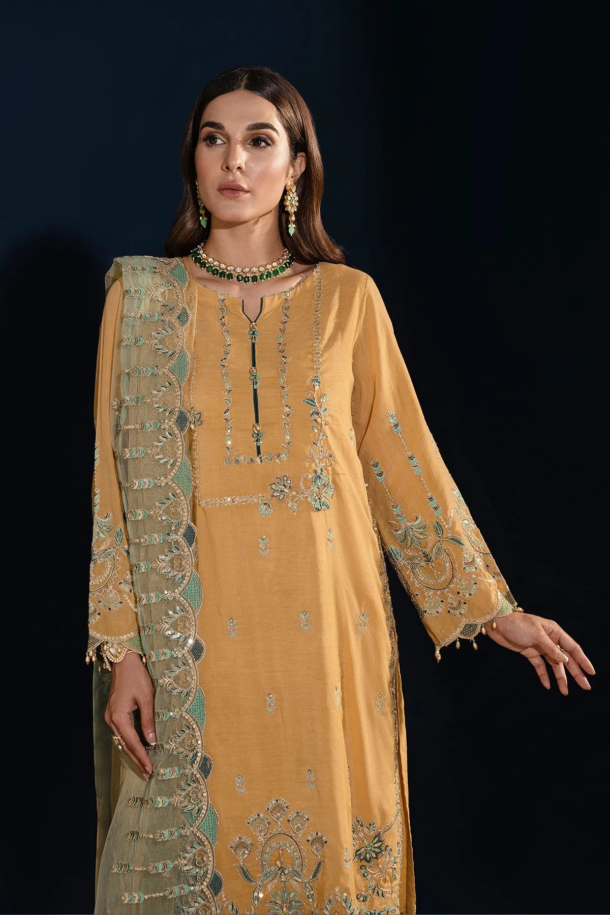 Dusty Yellow Heavily Embellished Pakistani Salwar Kameez Dupatta