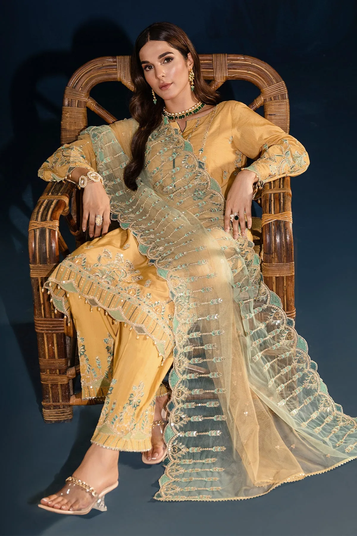 Dusty Yellow Heavily Embellished Pakistani Salwar Kameez Dupatta