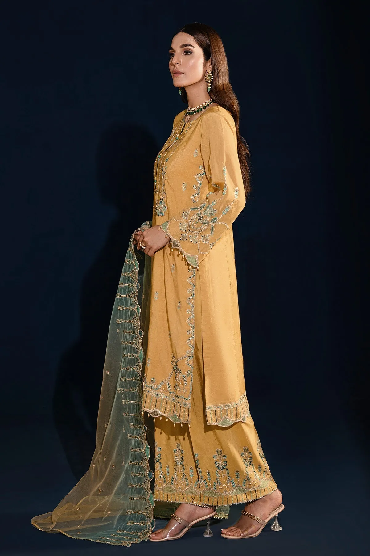 Dusty Yellow Heavily Embellished Pakistani Salwar Kameez Dupatta