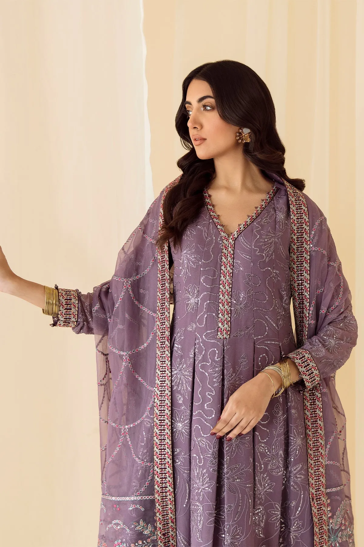 Embroidered Lilac Pakistani Frock Capri with Embellished Dupatta