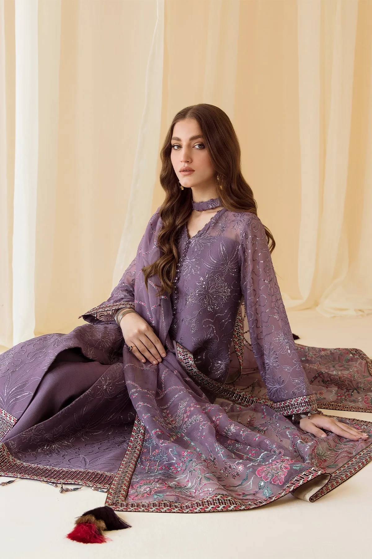 Embroidered Lilac Pakistani Frock Capri with Embellished Dupatta