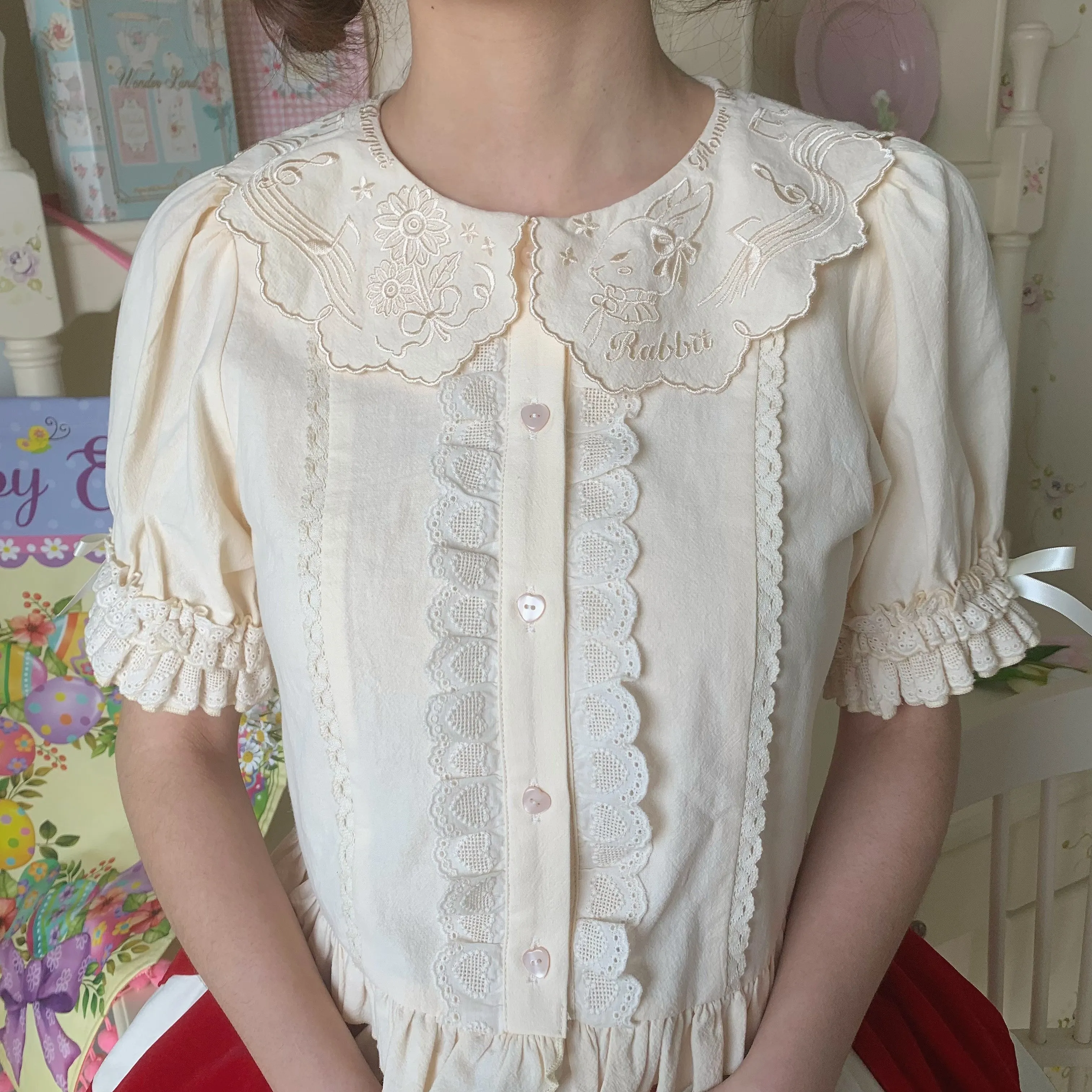 Flower Banquet~Kawaii Lolita Cotton Bunny Embroidery Blouse