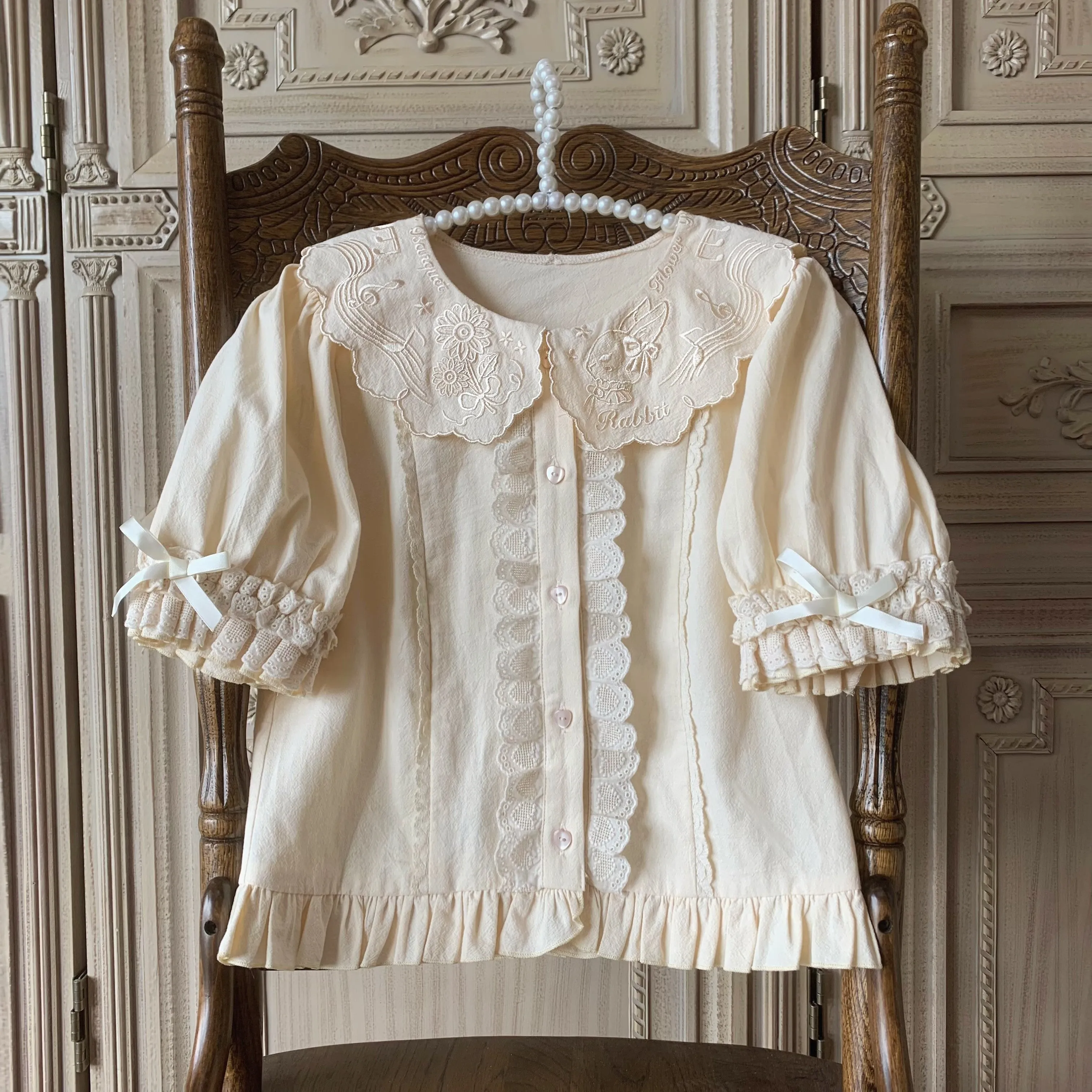 Flower Banquet~Kawaii Lolita Cotton Bunny Embroidery Blouse