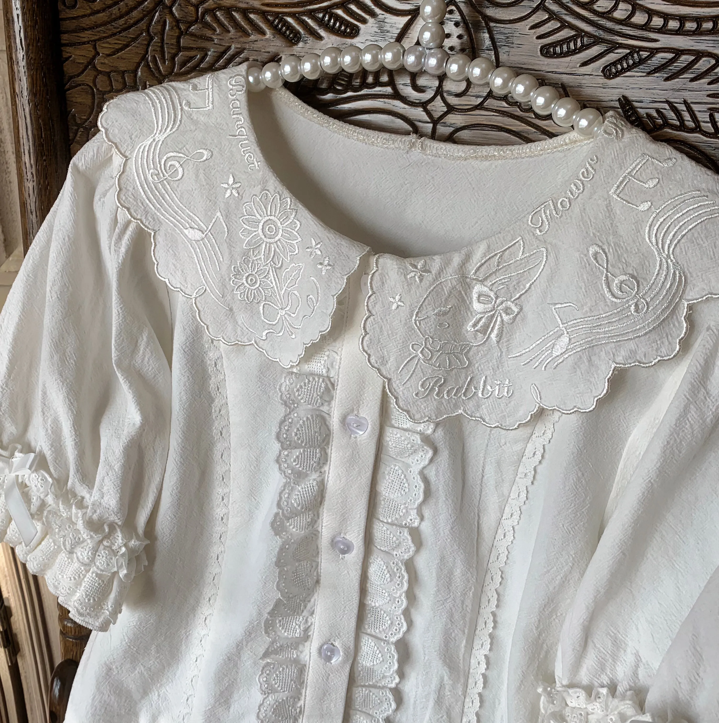 Flower Banquet~Kawaii Lolita Cotton Bunny Embroidery Blouse