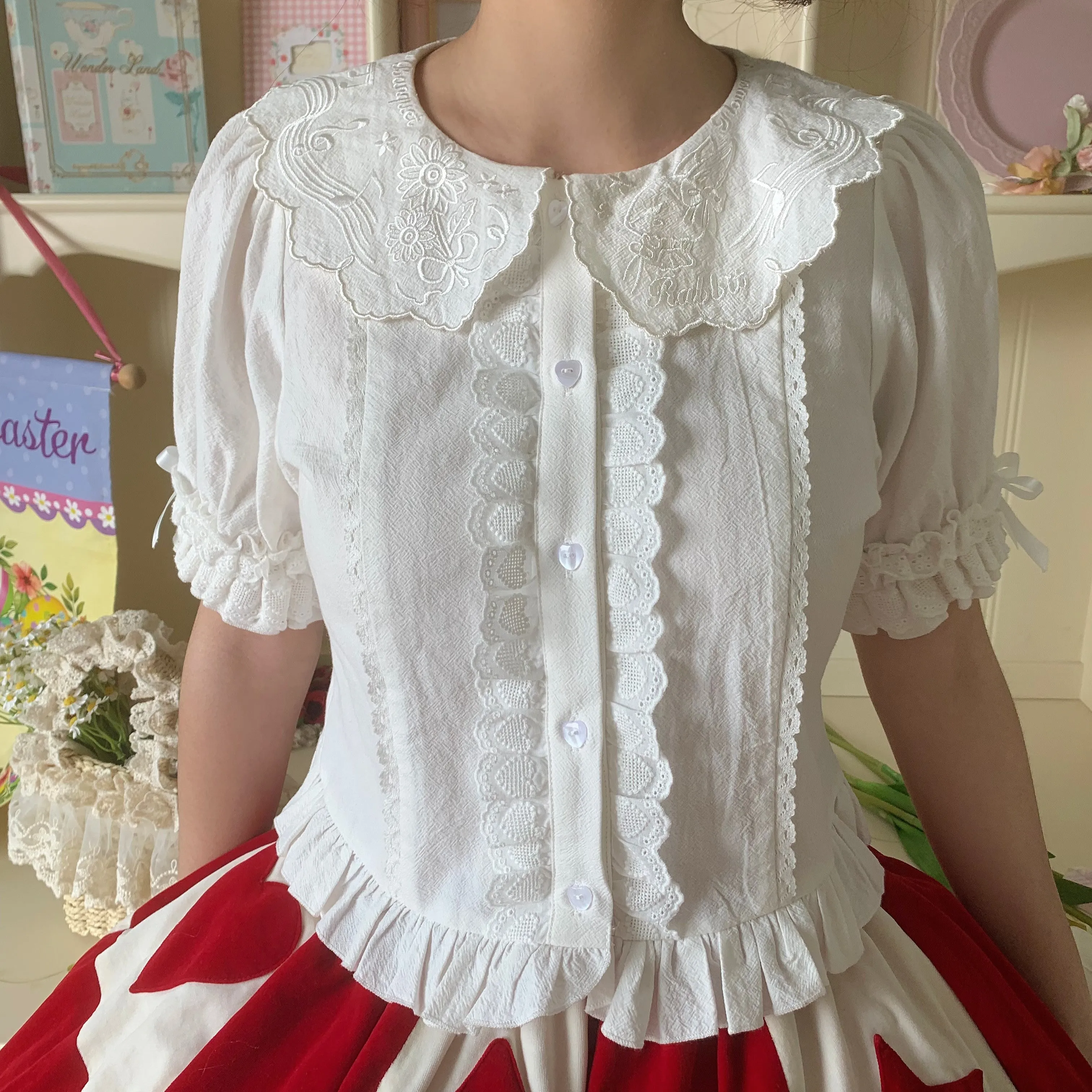 Flower Banquet~Kawaii Lolita Cotton Bunny Embroidery Blouse