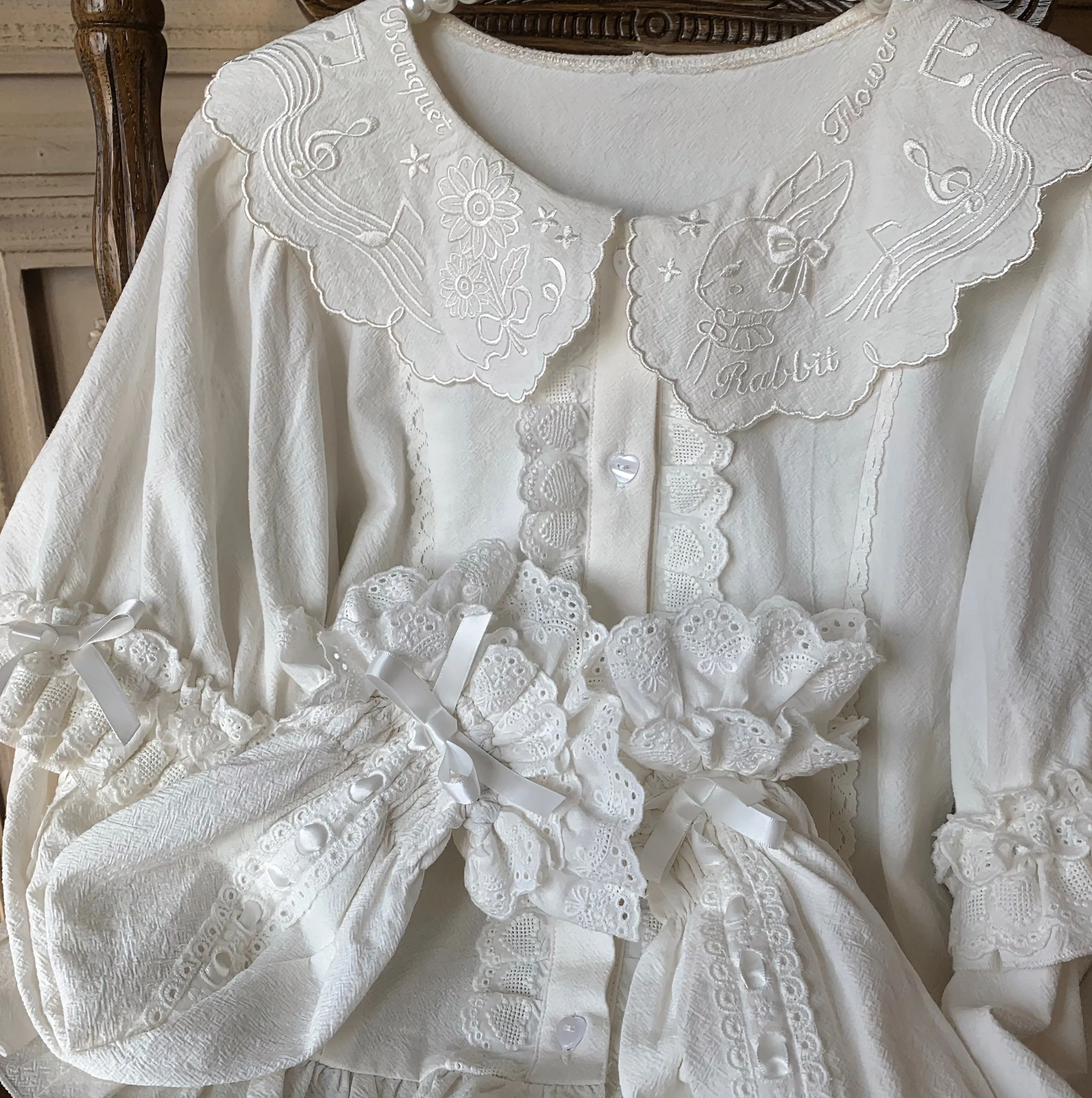 Flower Banquet~Kawaii Lolita Cotton Bunny Embroidery Blouse