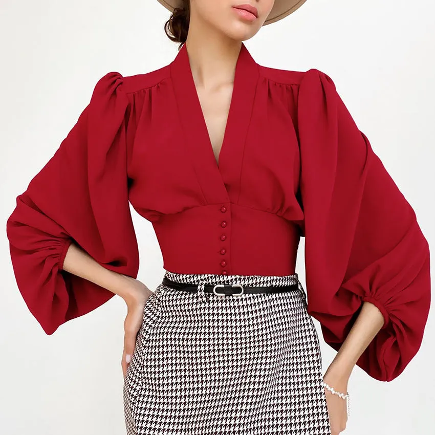 French Style V Neck Lantern Sleeve Slim Blouse Shirt