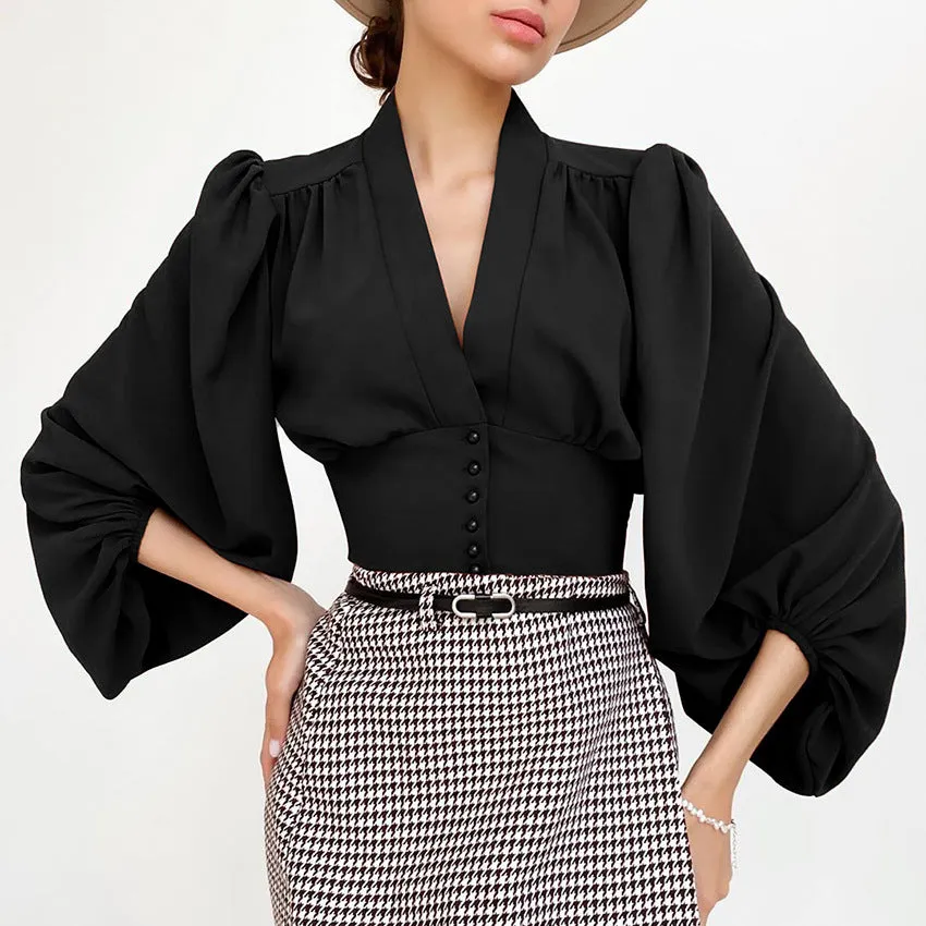 French Style V Neck Lantern Sleeve Slim Blouse Shirt