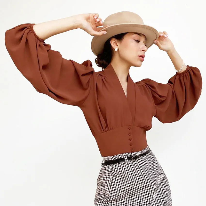 French Style V Neck Lantern Sleeve Slim Blouse Shirt