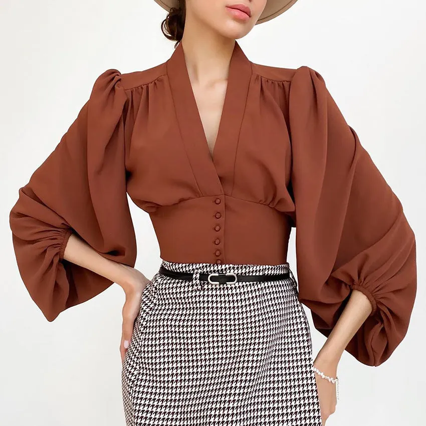 French Style V Neck Lantern Sleeve Slim Blouse Shirt