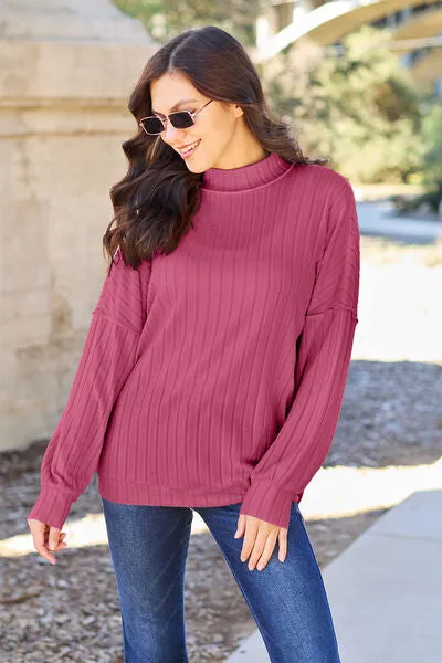 Full Size Ribbed Exposed Seam Mock Neck Knit Top