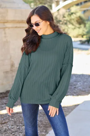 Full Size Ribbed Exposed Seam Mock Neck Knit Top