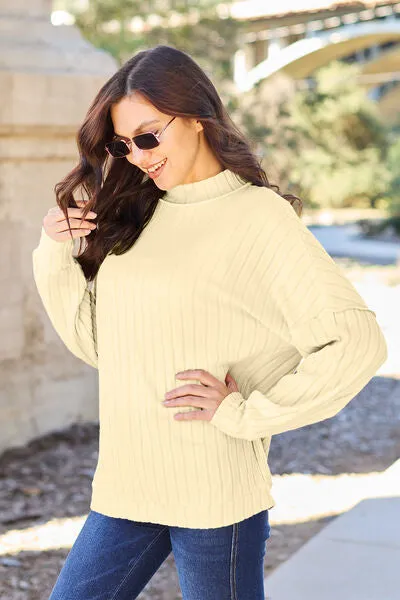 Full Size Ribbed Exposed Seam Mock Neck Knit Top