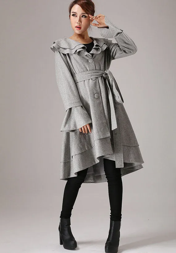 Gray coat winter jacket wool coat ruffled collar coat 0763#