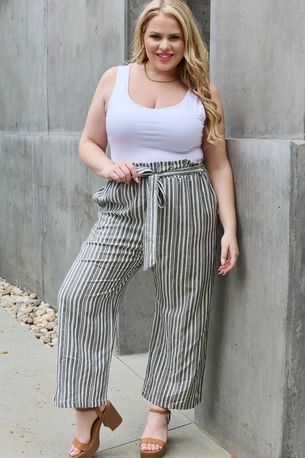 Grey Paperbag Waist Striped Culotte Pants