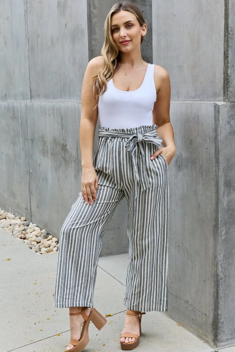 Grey Paperbag Waist Striped Culotte Pants