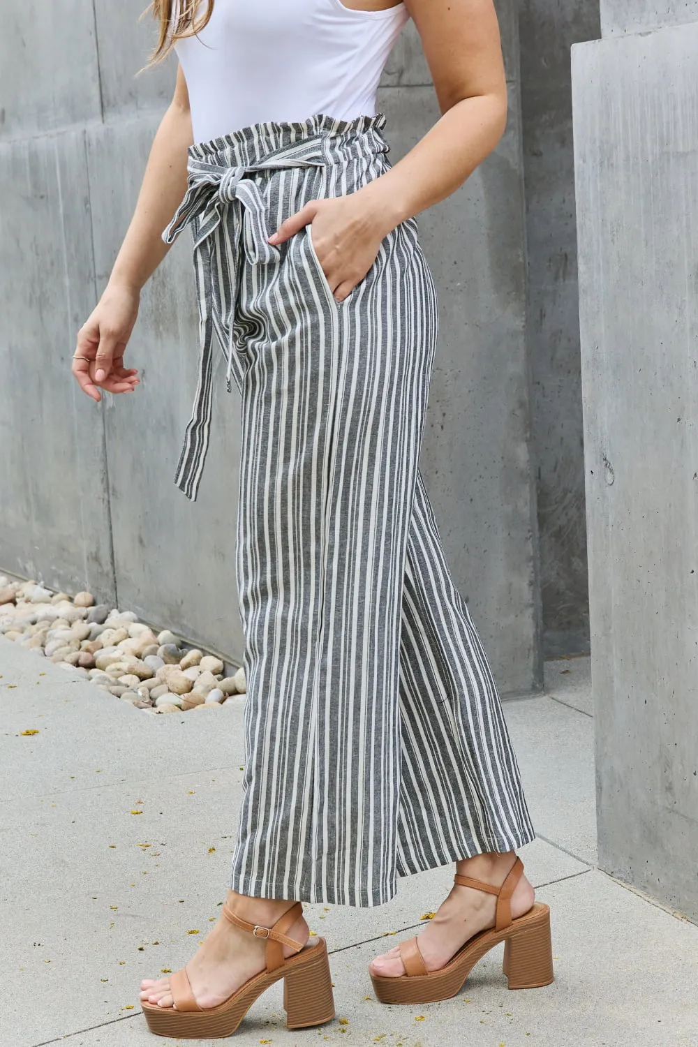 Grey Paperbag Waist Striped Culotte Pants