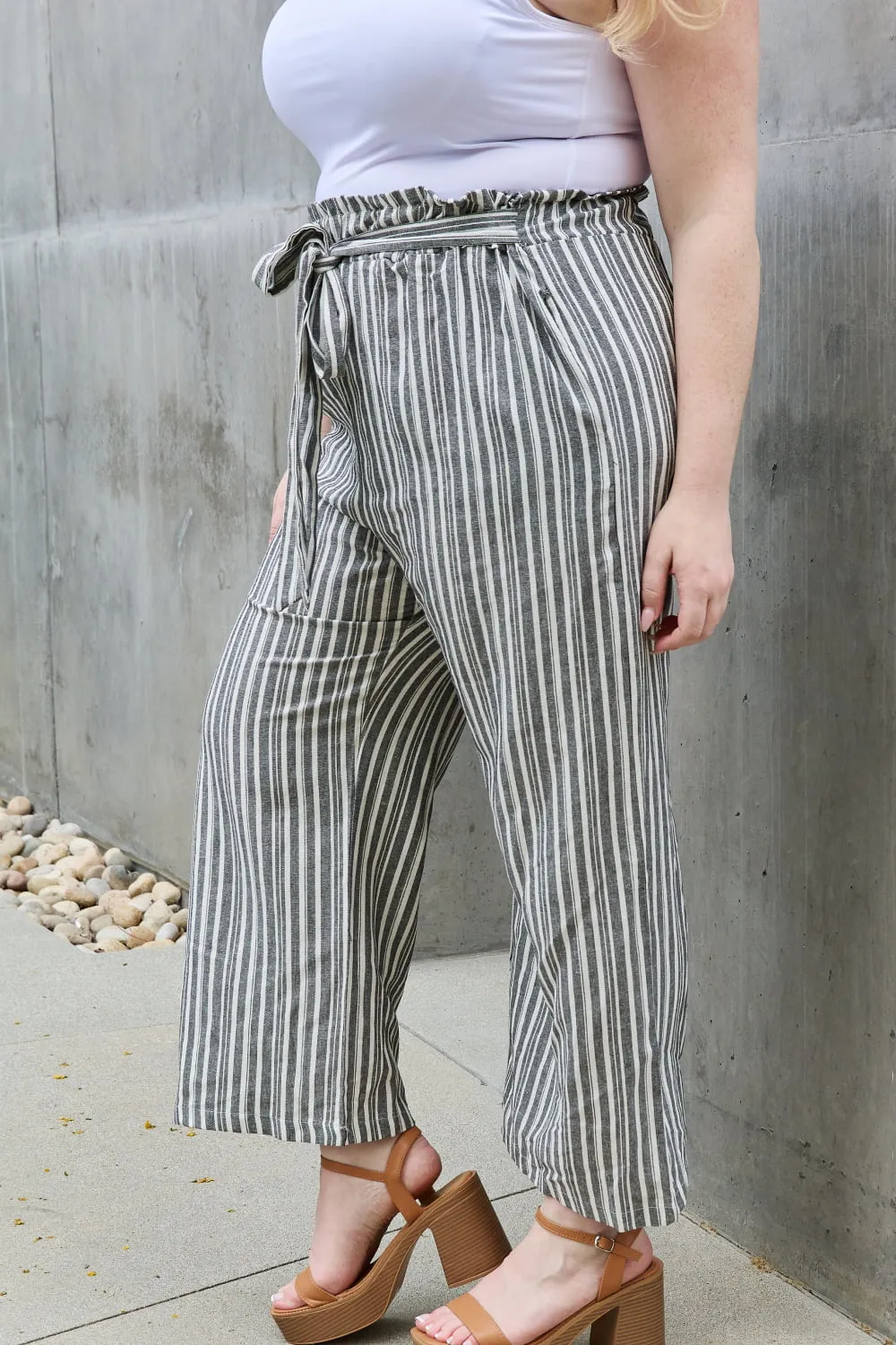 Grey Paperbag Waist Striped Culotte Pants