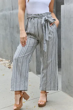 Grey Paperbag Waist Striped Culotte Pants