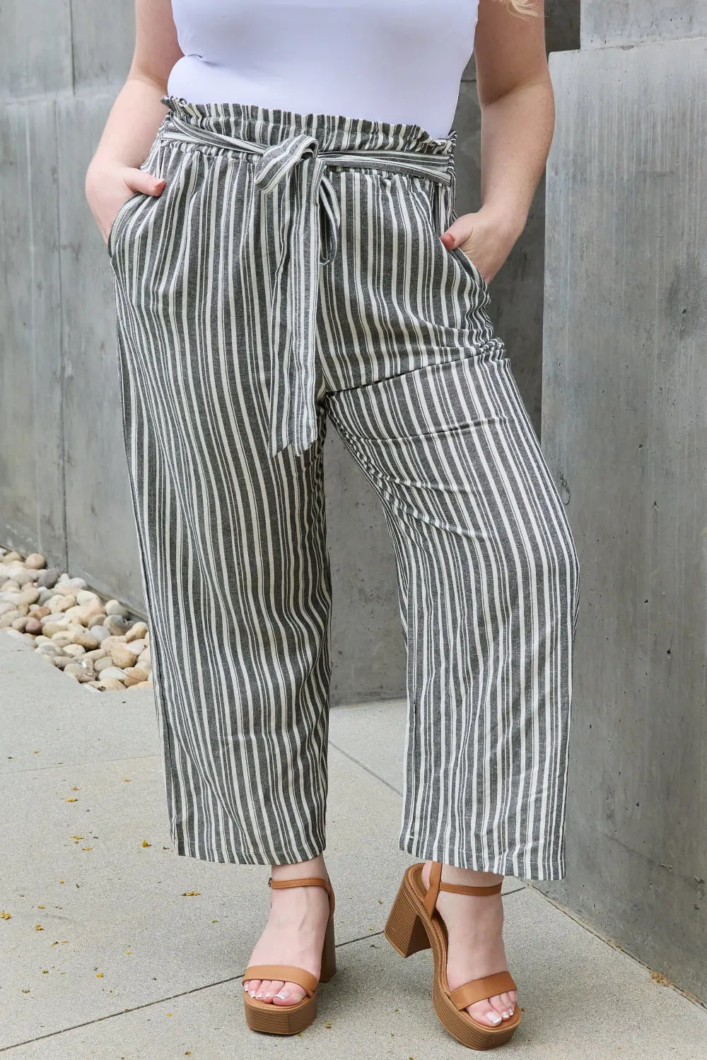 Grey Paperbag Waist Striped Culotte Pants