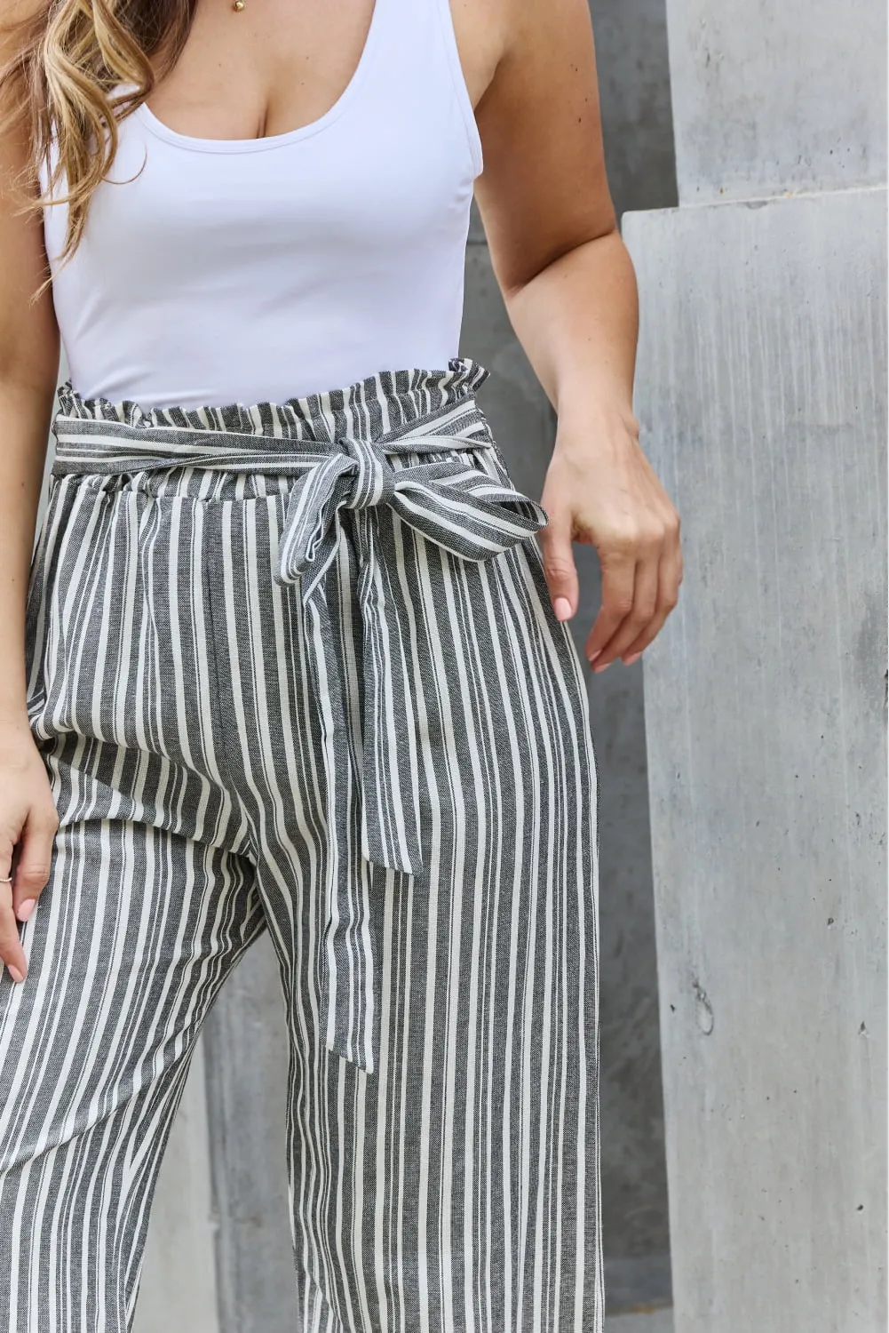 Grey Paperbag Waist Striped Culotte Pants