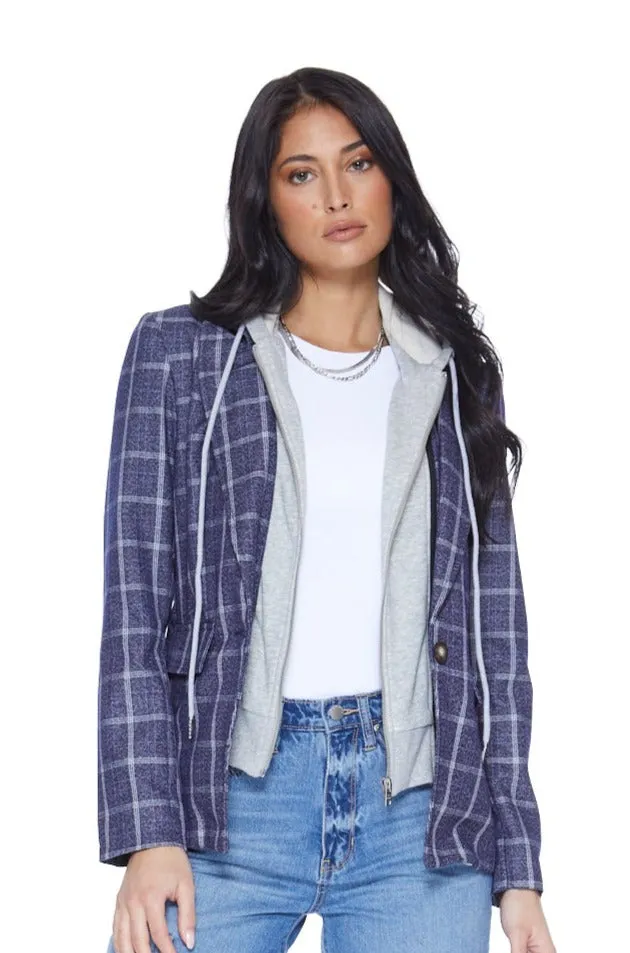 Hooded Helen Blazer in Navy Plaid & Heather Cement