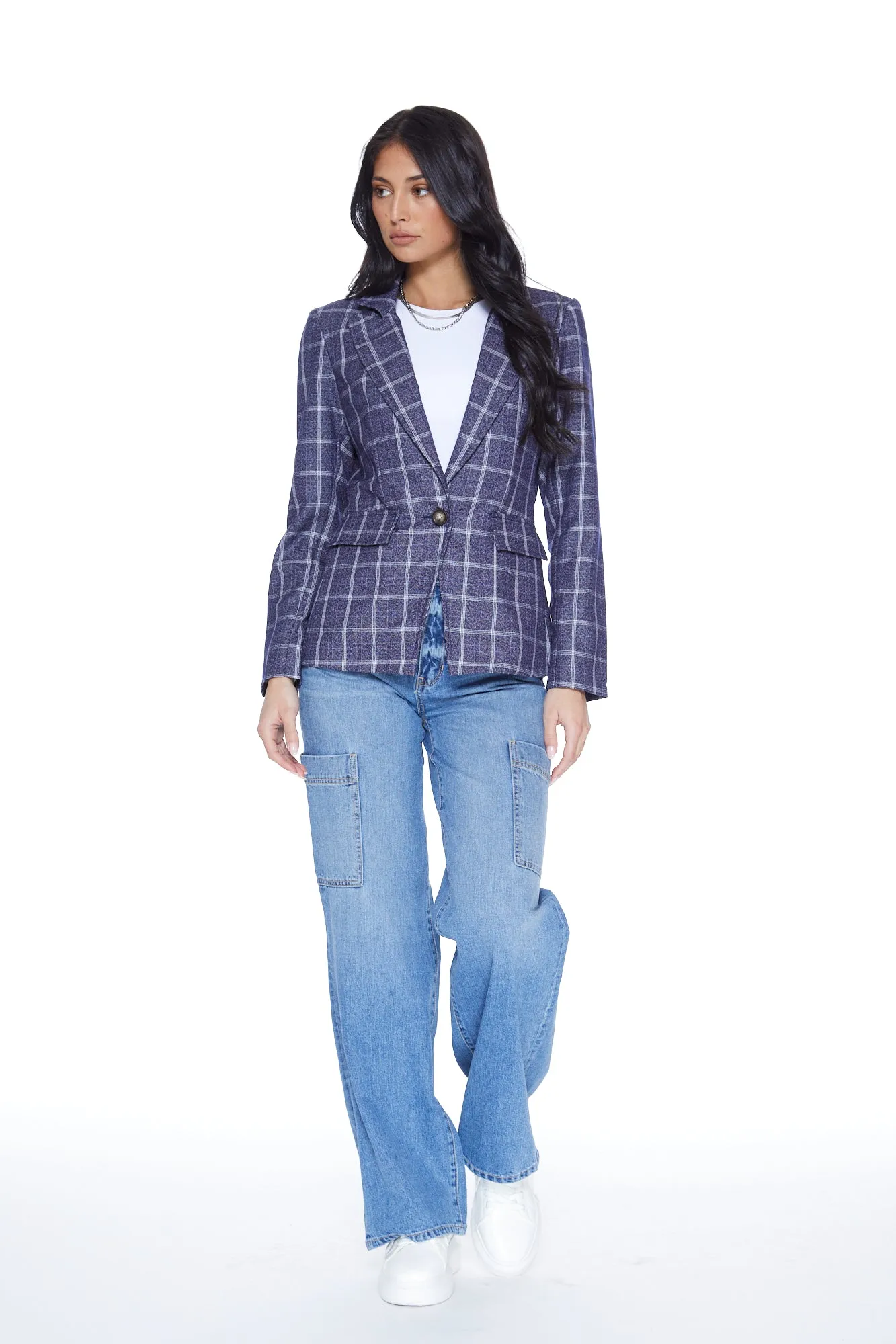 Hooded Helen Blazer in Navy Plaid & Heather Cement