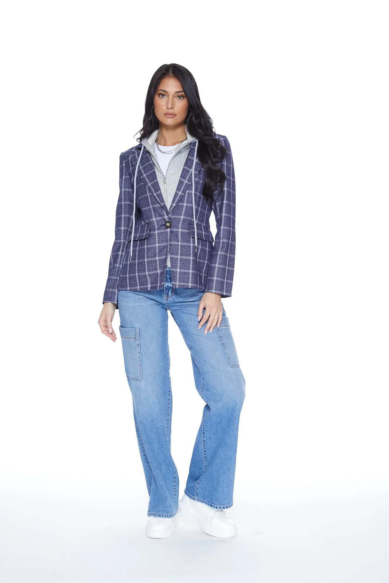 Hooded Helen Blazer in Navy Plaid & Heather Cement