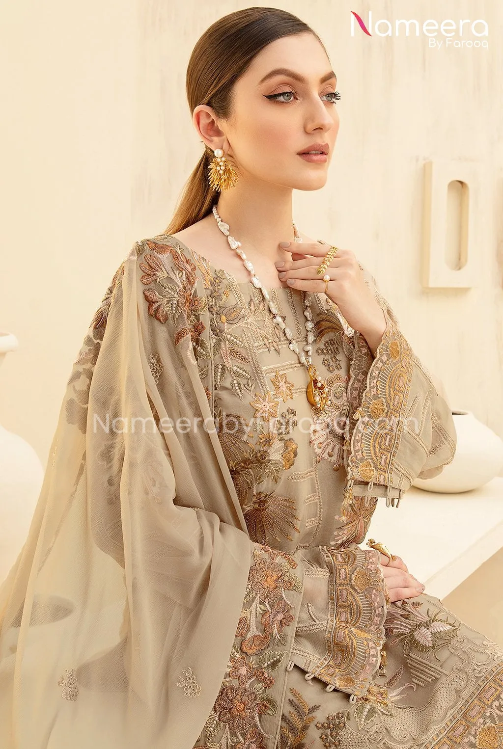 HSY Pakistani Chiffon Dress in Beige Color Latest #PF95