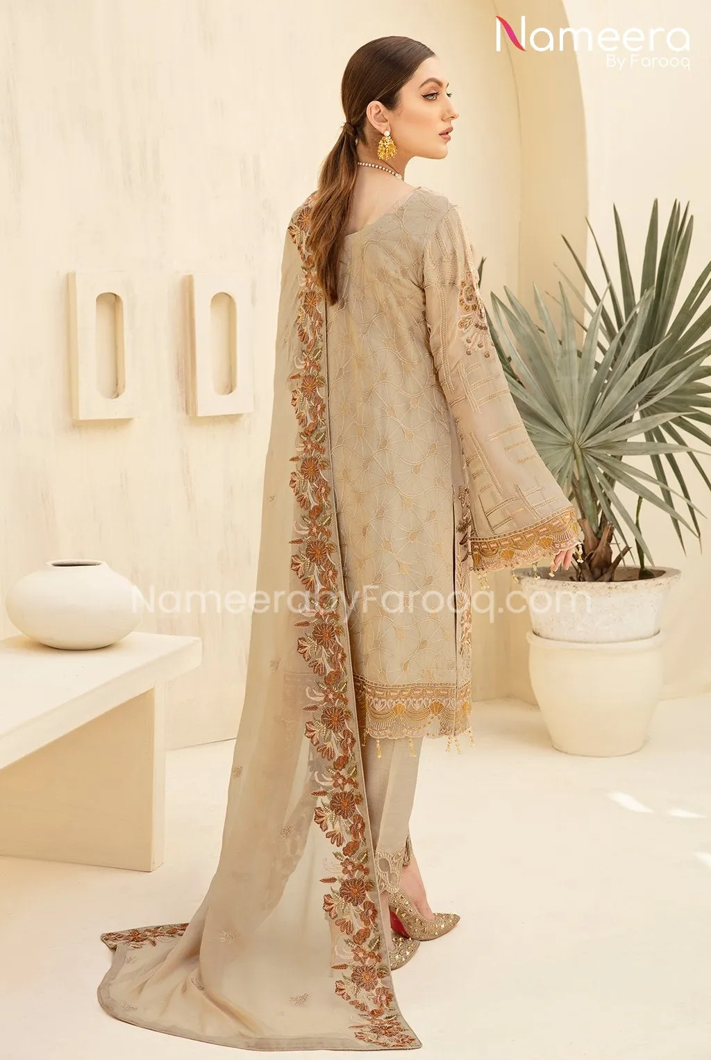 HSY Pakistani Chiffon Dress in Beige Color Latest #PF95