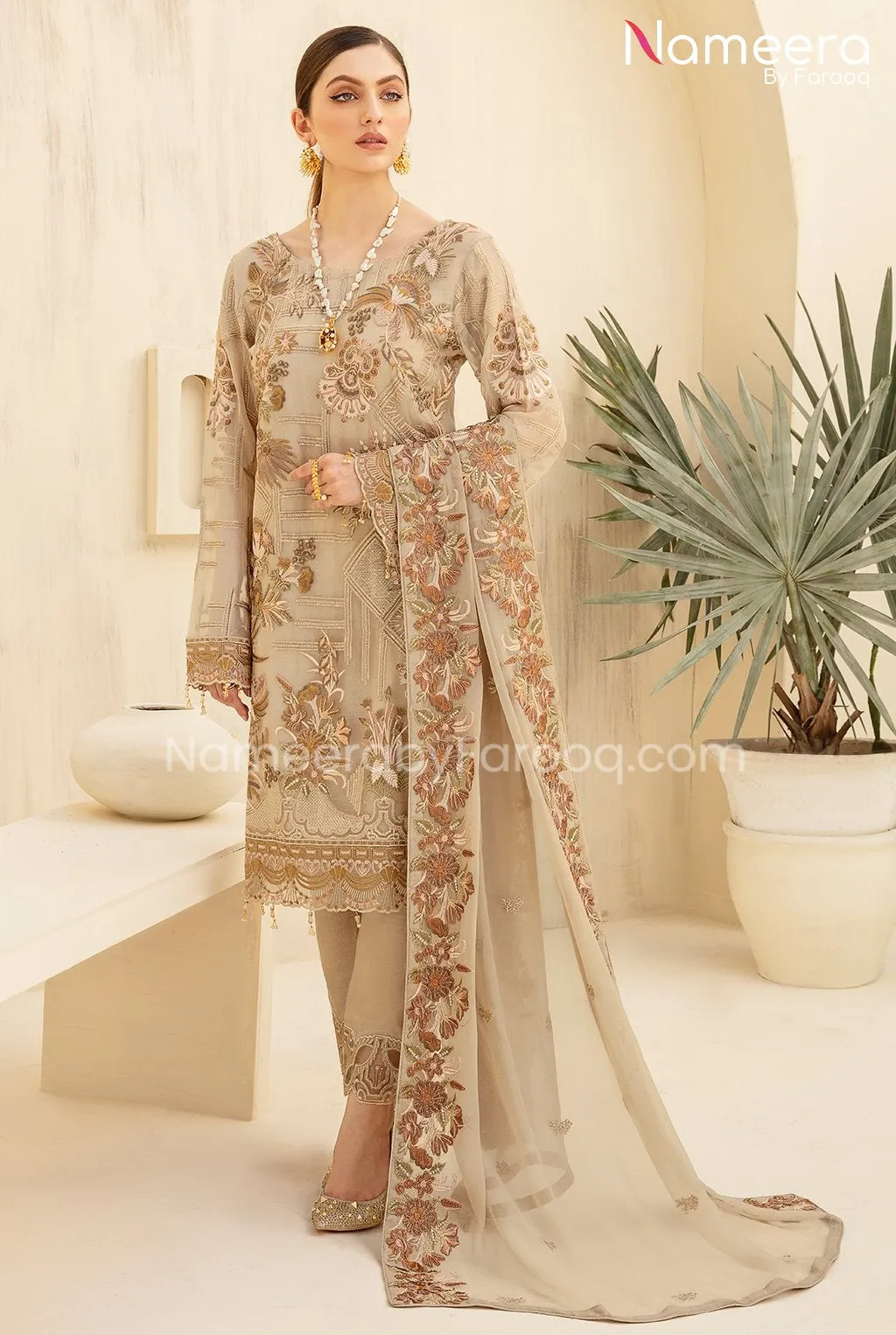 HSY Pakistani Chiffon Dress in Beige Color Latest #PF95