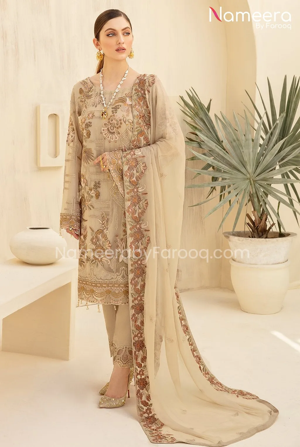 HSY Pakistani Chiffon Dress in Beige Color Latest #PF95